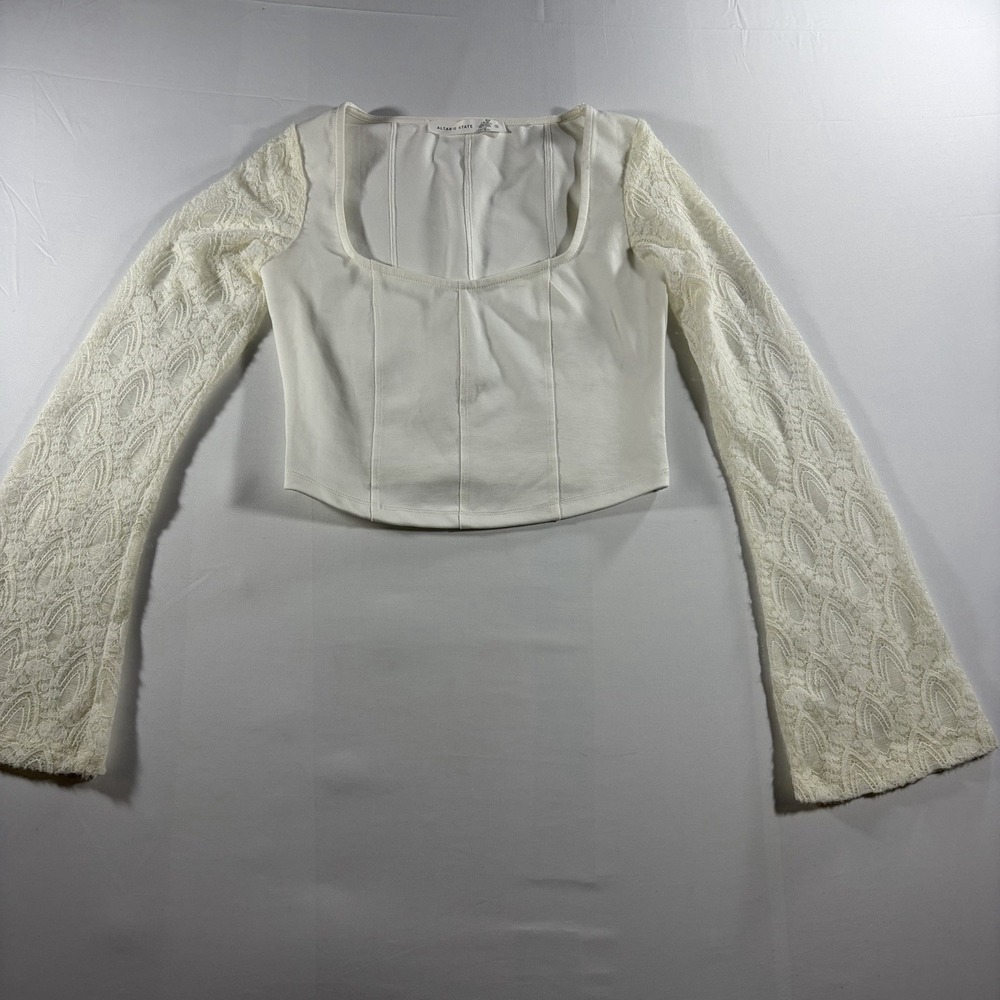 Altar'd State Ivory Cropped Corset-Style Top with Lace Bell Sleeves - Size Small